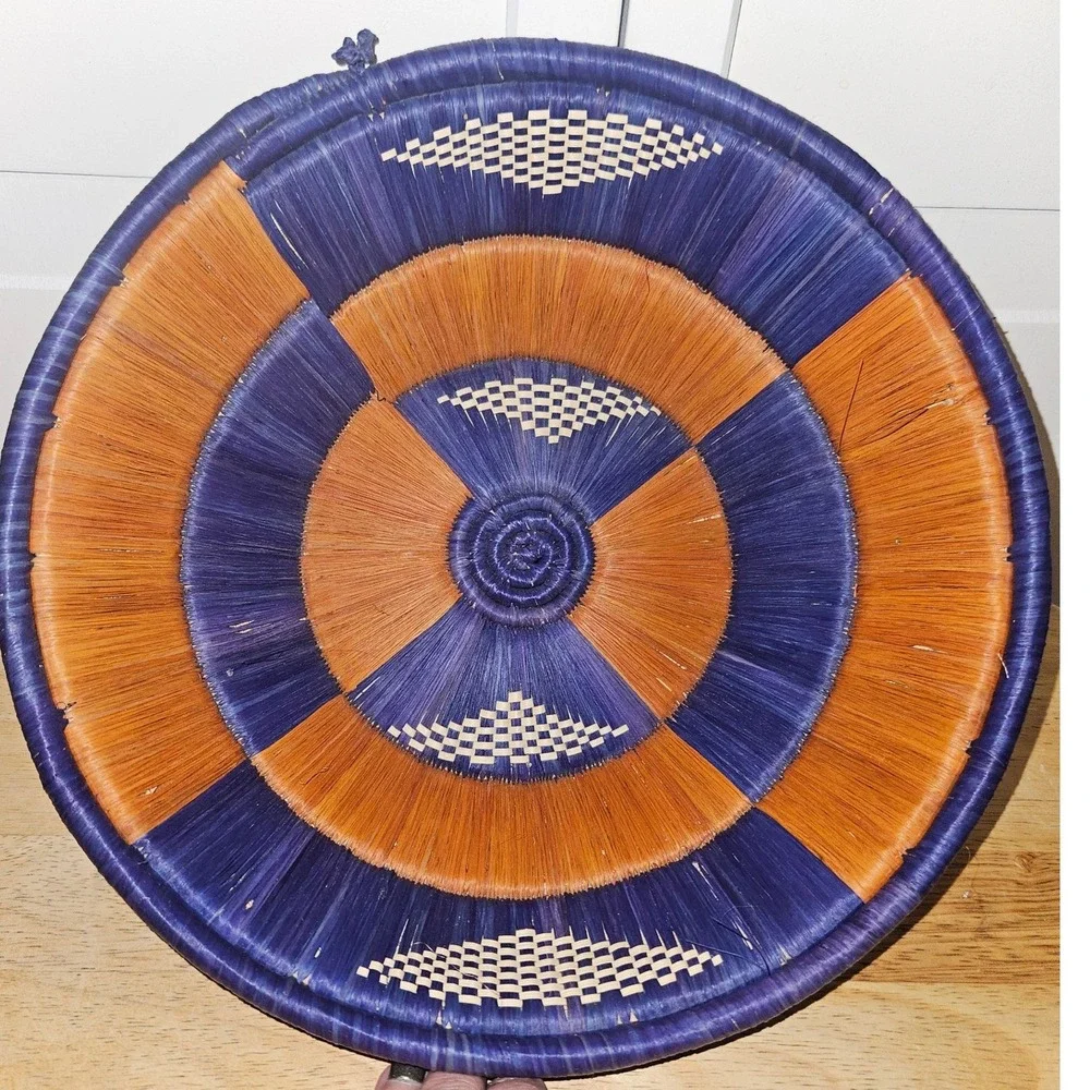 Handmade Ugandan Woven Wall Baskets Set of 2 Purple Orange Tan Geometric Decor